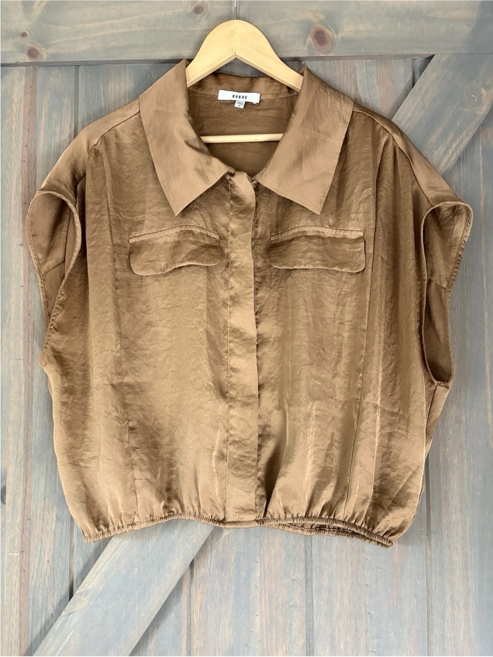 RO & DE Anthropologie Cap Sleeve Satin Blouse in Brown